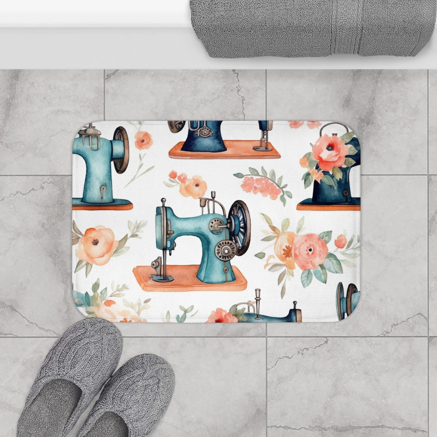 Watercolor Sewing Machines & Floral Bouquets: Antique Feminine Minimalist Styling - Bath Mat