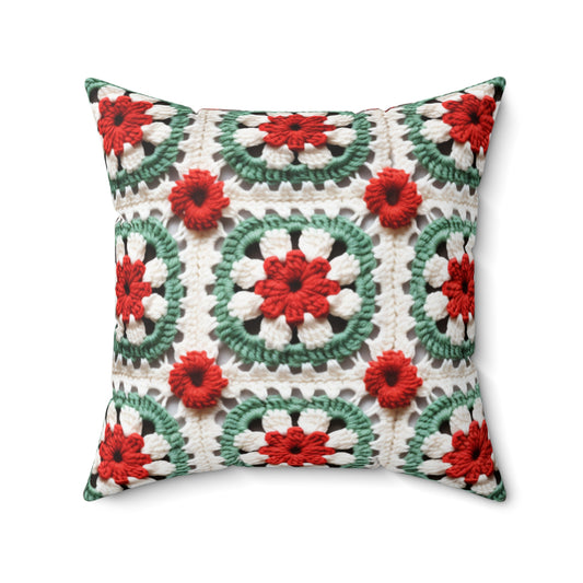 Christmas Granny Square Crochet, Cottagecore Winter Classic, Seasonal Holiday - Spun Polyester Square Pillow