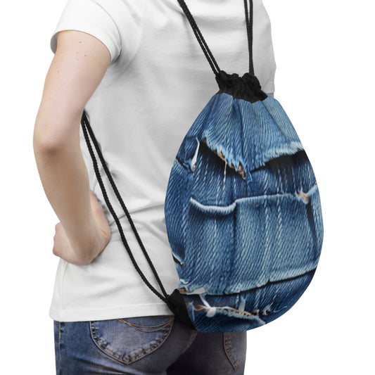 Midnight Blue Distressed Denim: Rugged, Torn & Stylish Design - Drawstring Bag