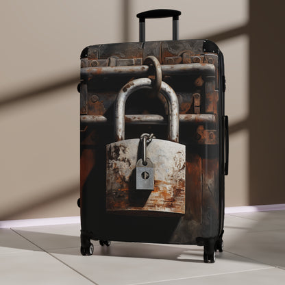 Iron Padlock on Rustic Metal Gate, Lock, Suitcase