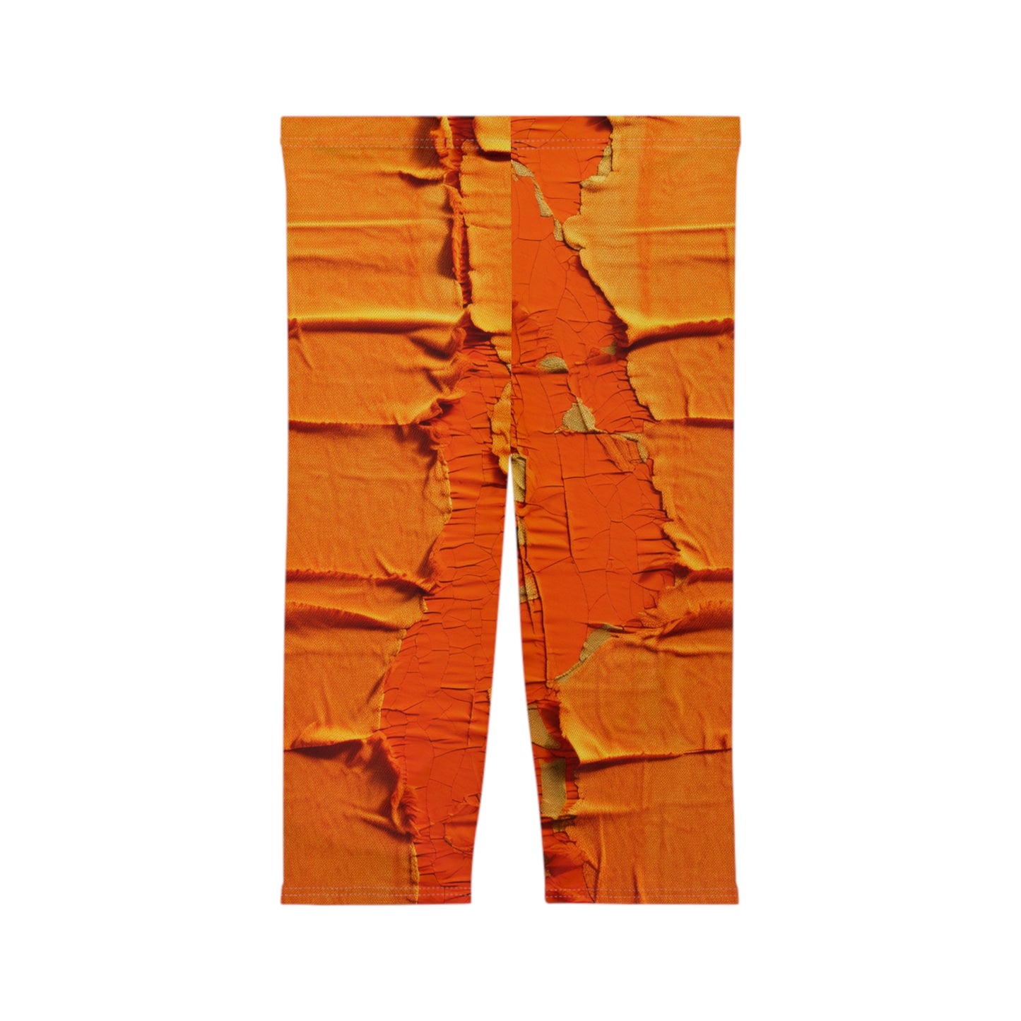 Fiery Citrus Orange: Edgy Distressed, Denim-Inspired Fabric - Women’s Capri Leggings (AOP)