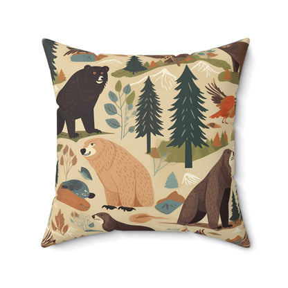 U.S. Wilderness Inspired: Grizzly Bears, Animals Pattern Spun Polyester Square Pillow