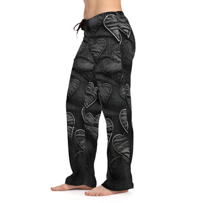 Black: Distressed Denim-Inspired Fabric Heart Embroidery Design - Women's Pajama Pants (AOP)