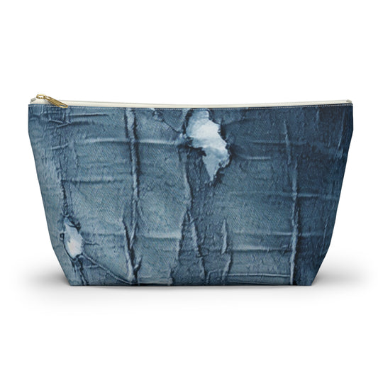 Distressed Blue Denim-Look: Edgy, Torn Fabric Design - Accessory Pouch w T-bottom