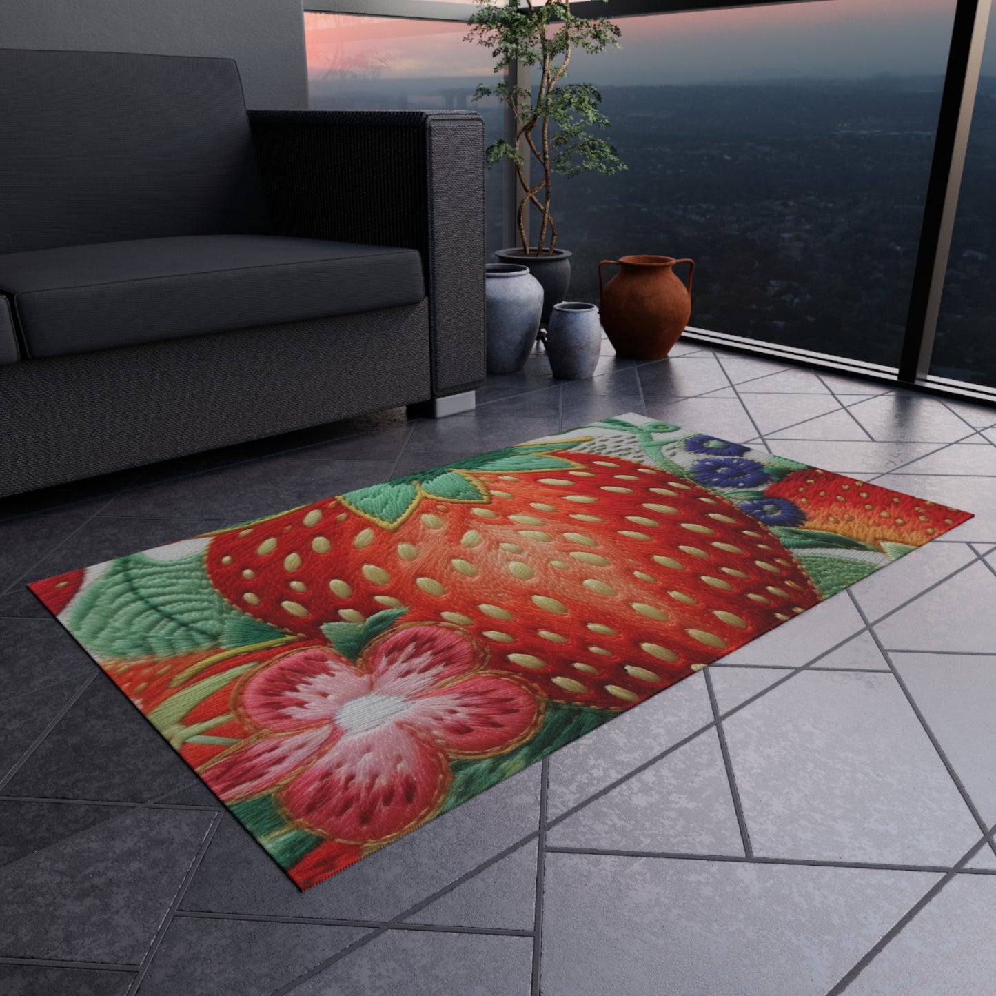 Berry Delight: Sun-Kissed Strawberries Fields Meet Embroidered Style Strawberry Patterns - Outdoor Rug