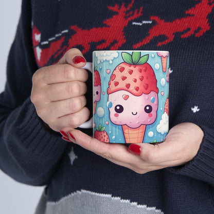 Kawaii Strawberry Sundae Cone - Traditional Japanese Anime Dessert Delight - Sweet Berry Otaku Gift - Ceramic Mug 11oz