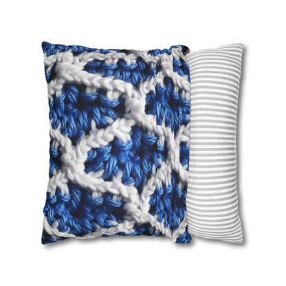 Blueberry Blue Crochet, White Accents, Classic Textured Pattern - Spun Polyester Square Pillow Case