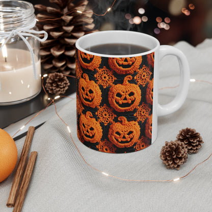 Patrón festivo festivo de terror aterrador de calabaza de ganchillo de Halloween - Taza de cerámica de 11 oz