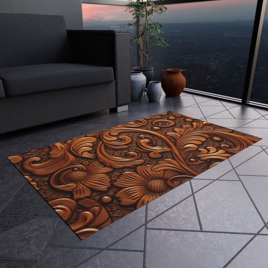 Leather Flower Cognac Classic Brown Timeless American Cowboy Design - Outdoor Rug