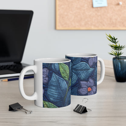 Floral Embroidery Blue: Denim-Inspired, Artisan-Crafted Flower Design - Ceramic Mug 11oz