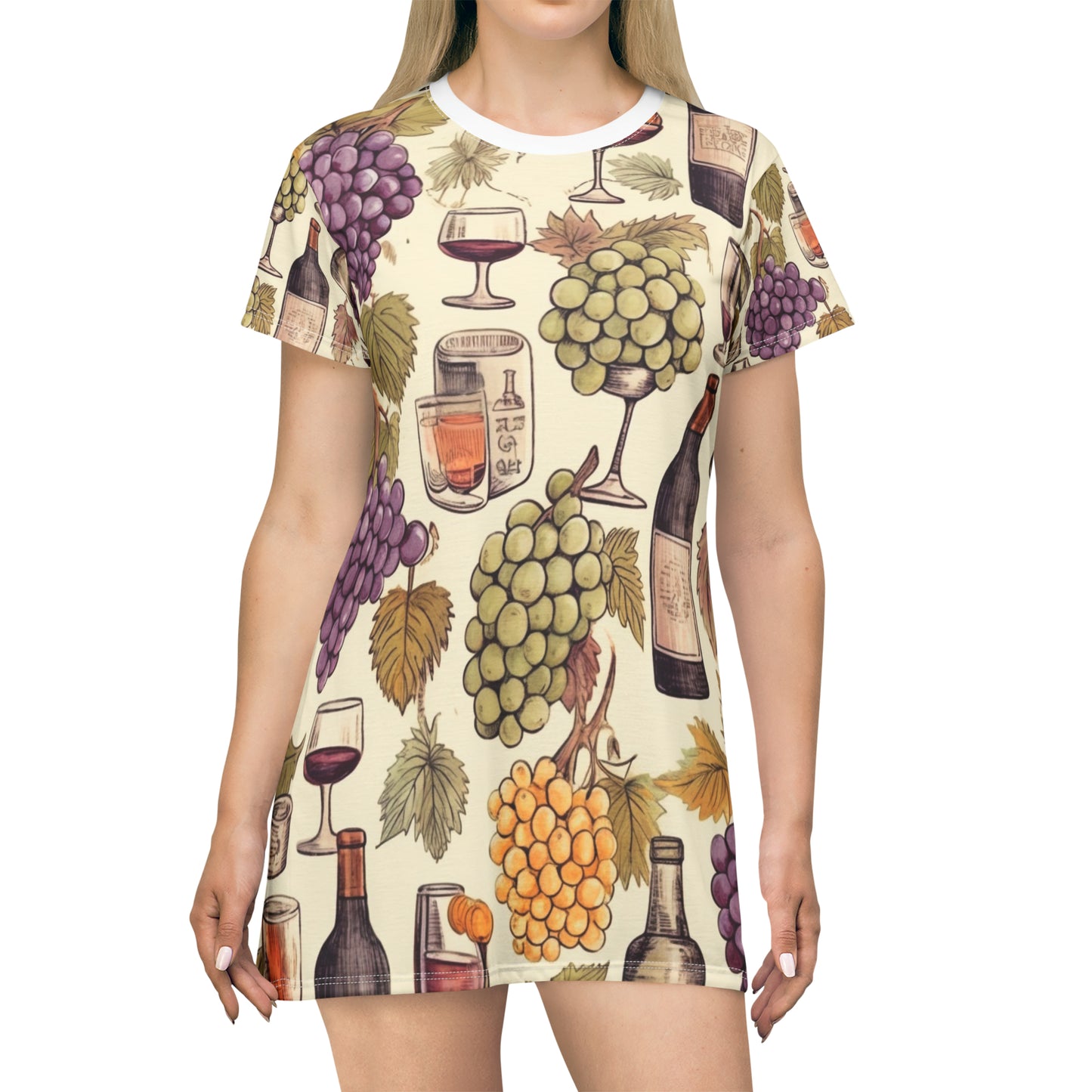 Wine Lovers Theme: Varieties of Wine, Grapes & Vineyards Design T-Shirt Dress (AOP)