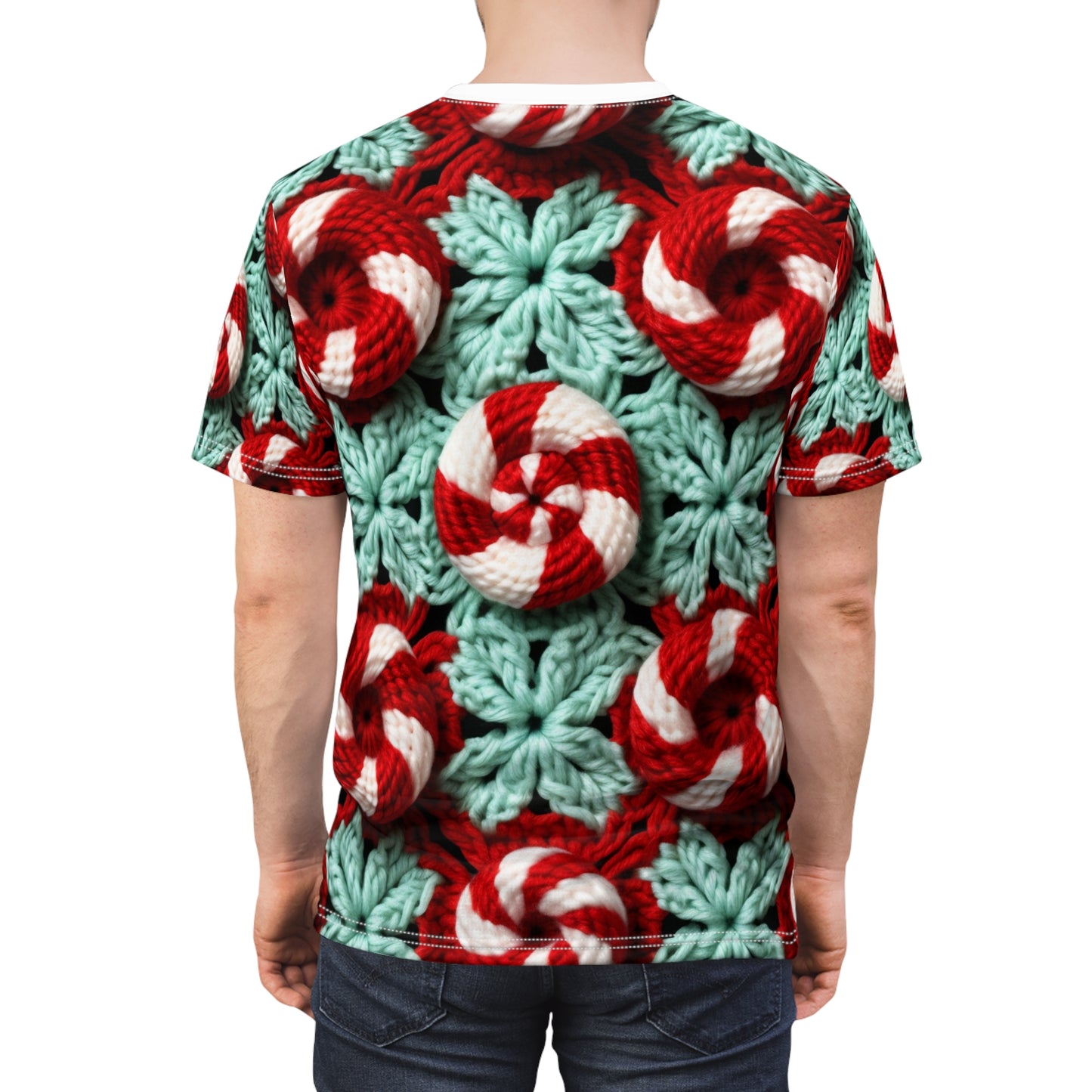 Christmas Crochet Candy Cane - Pepper Red Crystal White Holiday Pattern - Unisex Cut & Sew Tee (AOP)