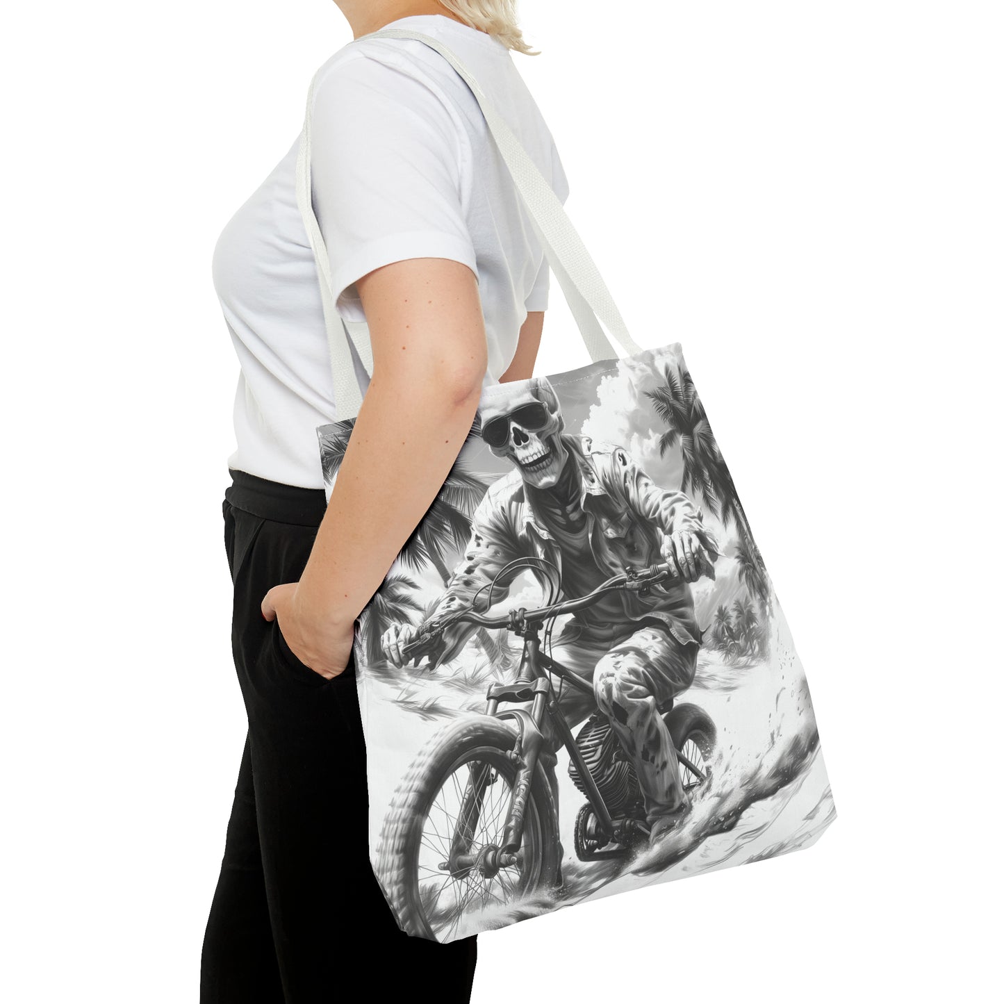 Biker Skeleton Wearing Sunglasses, Riding Sunset Boulevard in California Motorcycle, Tote Bag (AOP)