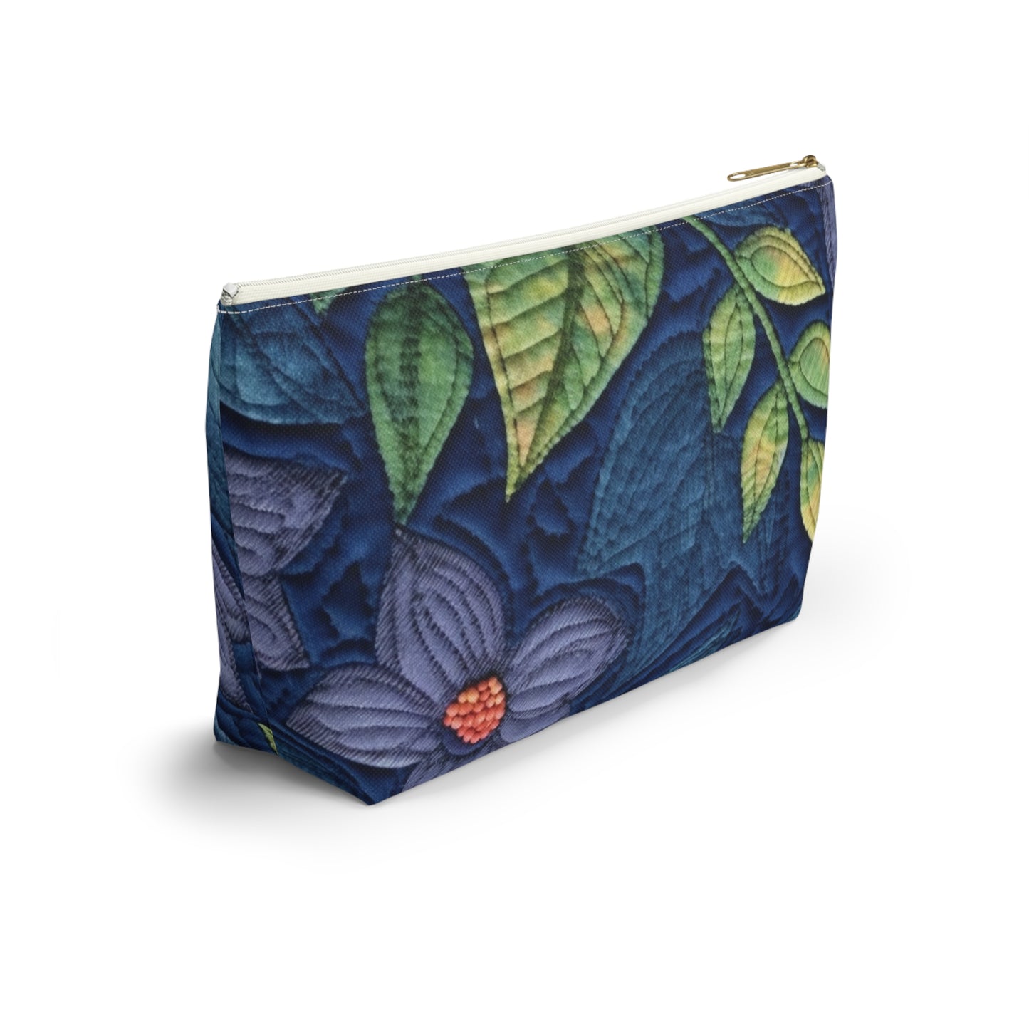 Floral Embroidery Blue: Denim-Inspired, Artisan-Crafted Flower Design - Accessory Pouch w T-bottom