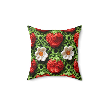 Strawberry Field Crochet - Forever Forest Greens - Fruit Berry Harvest Crop - Spun Polyester Square Pillow