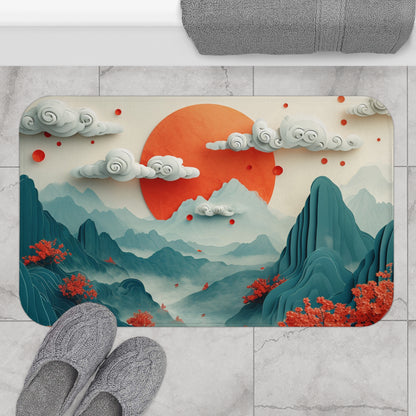 Arte en papel, montañas, nubes, árboles, estilo de pintura antigua china, Alfombra de baño