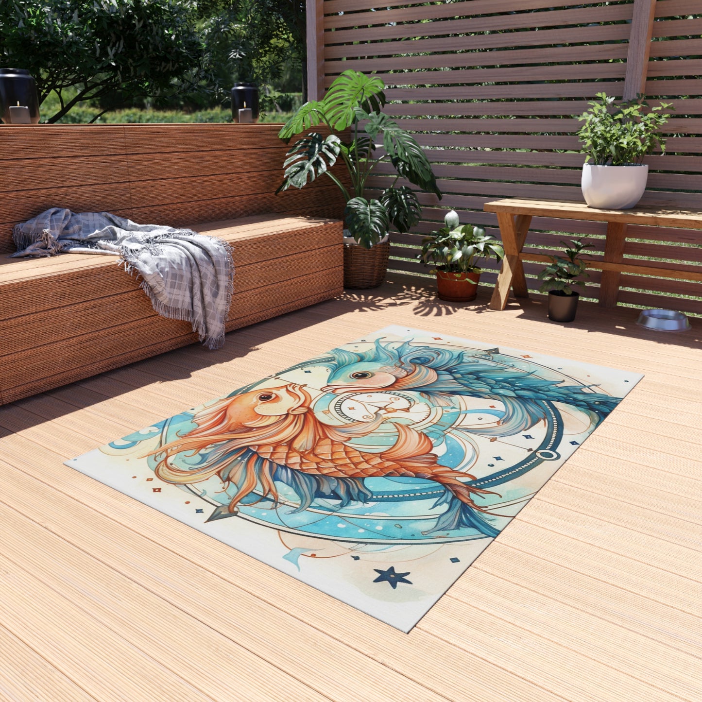 Pisces Zodiac Horoscope - Starry Watercolor & Ink, Hyper-Detailed Fish Outdoor Rug