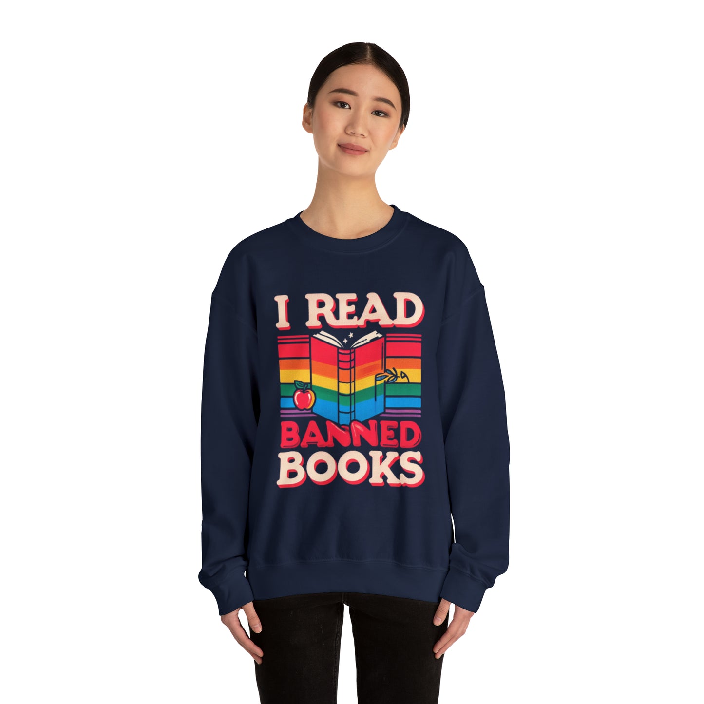 I Read Banned Books - School Edition with Rainbow Apple and Book Illustration - Unisex Heavy Blend™ Crewneck Sweatshirt