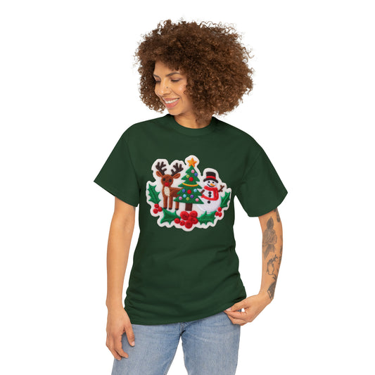 Christmas Snowman & Reindeer Embroidered Patch Design - Unisex Heavy Cotton Tee