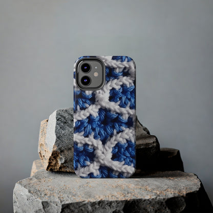 Blueberry Blue Crochet, White Accents, Classic Textured Pattern - Tough Phone Cases