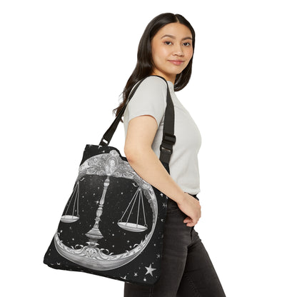 Bolso de mano Libra Zodiac, diseño de escamas en blanco y negro, 100% poliéster hilado, correa ajustable