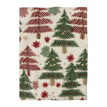 Embroidered Christmas Winter, Festive Holiday Stitching, Classic Seasonal Design - Microfiber Duvet Cover