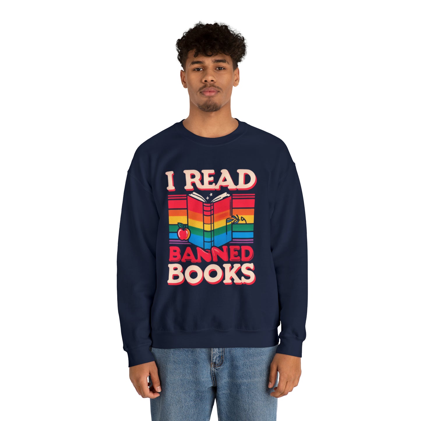 I Read Banned Books - School Edition with Rainbow Apple and Book Illustration - Unisex Heavy Blend™ Crewneck Sweatshirt