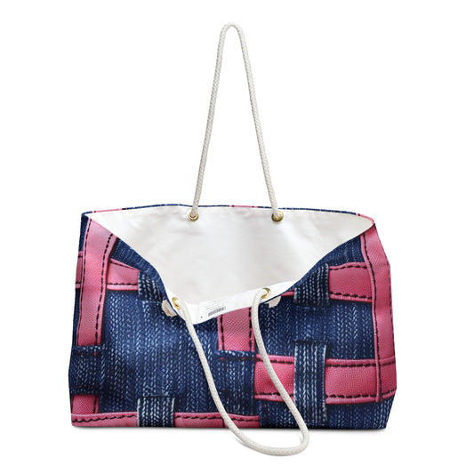 Candy-Striped Crossover: Pink Denim Ribbons Dancing on Blue Stage - Weekender Bag