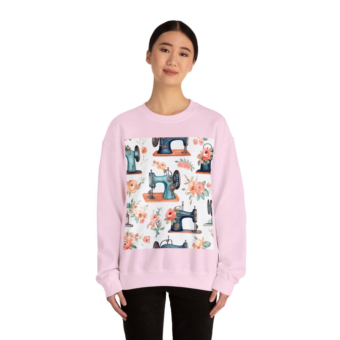 Watercolor Sewing Machines & Floral Bouquets: Antique Feminine Minimalist Styling - Unisex Heavy Blend™ Crewneck Sweatshirt