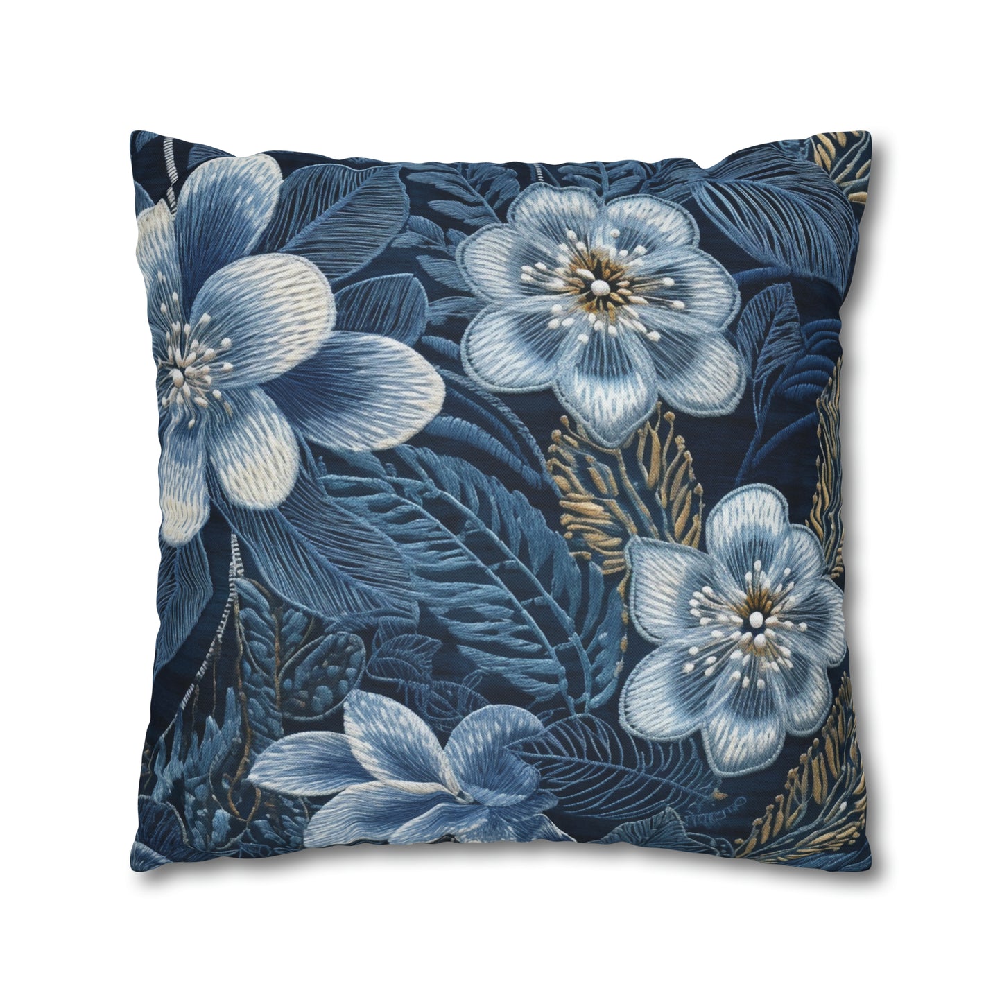 Flower Blossom Embroidery Floral on Denim Style - Spun Polyester Square Pillow Case