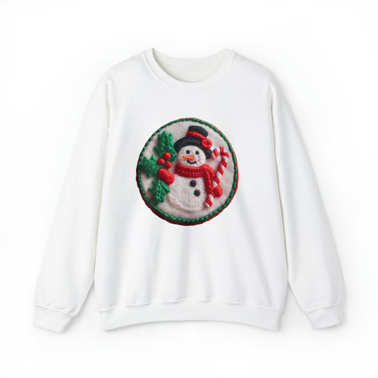 Festive Snowman Embroidered Patch: Christmas Chenille Holly & Candy Cane - Unisex Heavy Blend™ Crewneck Sweatshirt