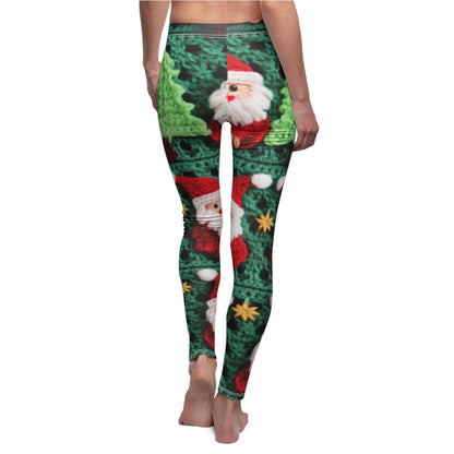 Patrón de ganchillo de Papá Noel, diseño navideño, decoración festiva, motivo de Papá Noel. Perfecto para la celebración navideña: leggings informales cortados y cosidos para mujer (AOP) 