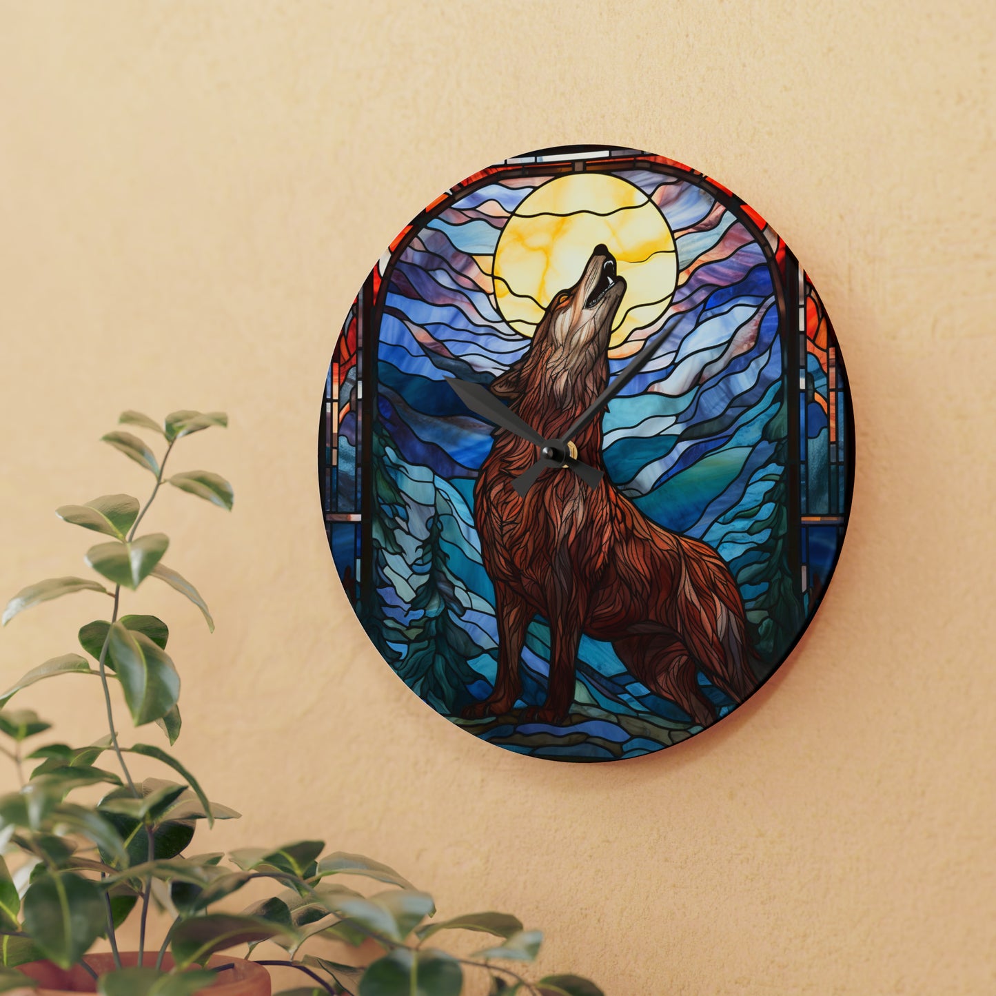 Stained Glass Howling Wolf Design - Acrylic Wall Clock