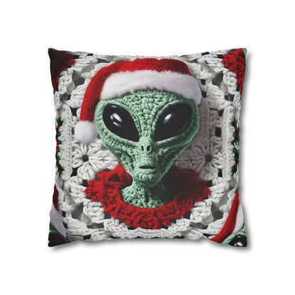 Santa's Cosmic Secret: Jolly Green Christmas Extraterrestrial with Festive Attire Crochet Art - Spun Polyester Square Pillow Case