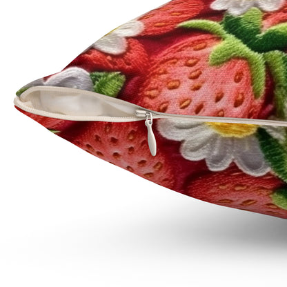 Strawberry Strawberries Embroidery Design - Fresh Pick Red Berry Sweet Fruit - Spun Polyester Square Pillow