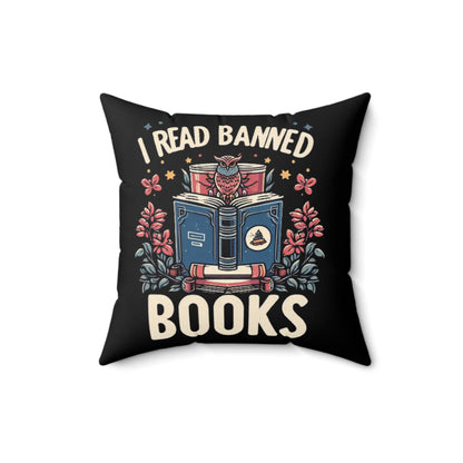 Owl Scholar Reading Among Stars and Florals - I Read Banned Books Themed Illustration - Spun Polyester Square Pillow