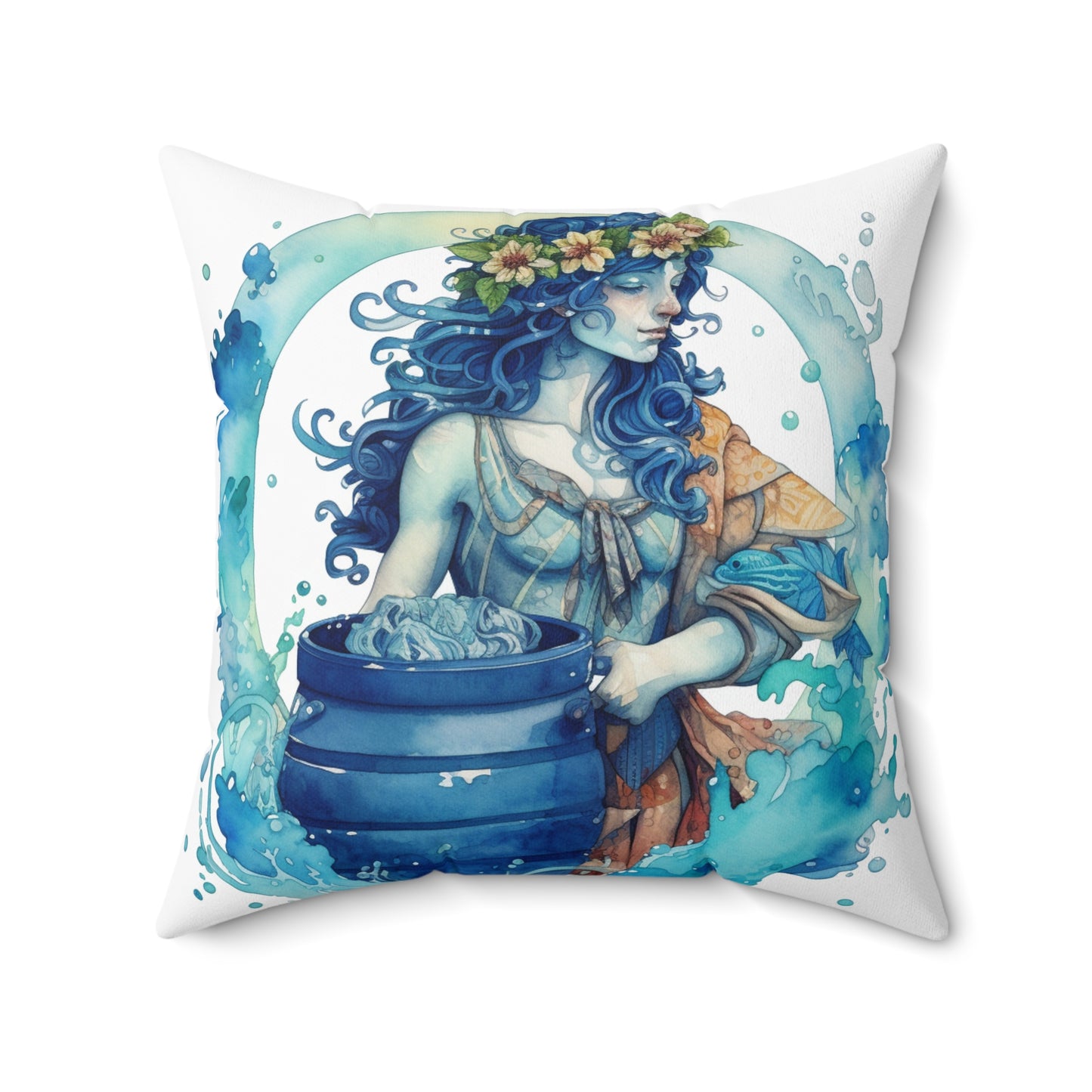 Artistic Aquarius Zodiac - Watercolor Water-Bearer Depiction - Spun Polyester Square Pillow