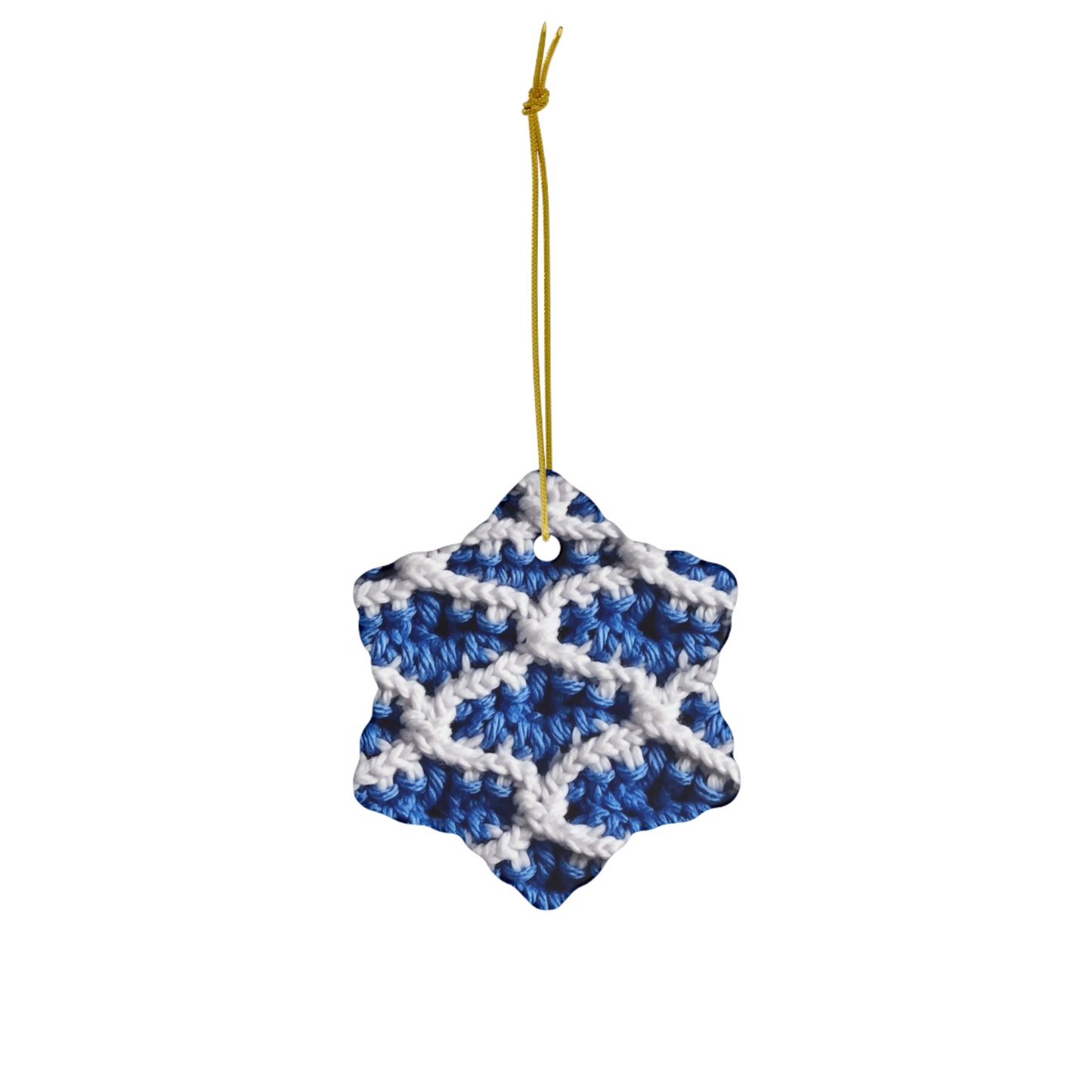 Blueberry Blue Crochet, White Accents, Classic Textured Pattern - Ceramic Ornament, 4 Shapes