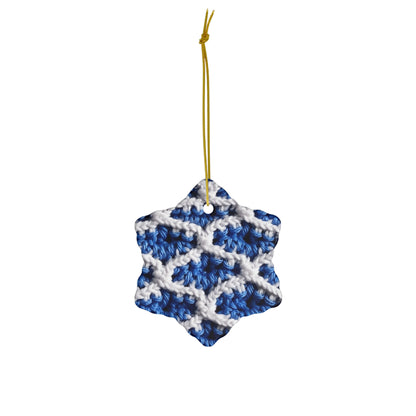 Blueberry Blue Crochet, White Accents, Classic Textured Pattern - Ceramic Ornament, 4 Shapes