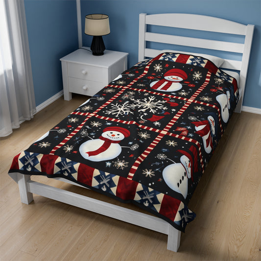 Snowman Winter Quilt Design - Velveteen Plush Blanket