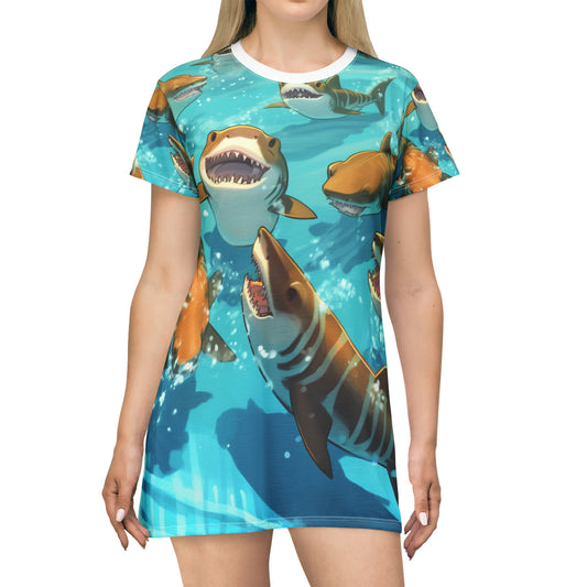 Tiburón tigre: vida silvestre marina oceánica - Submarino - Vestido tipo camiseta (AOP) 