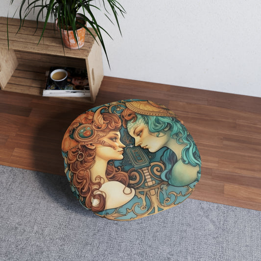 Steampunk Gemini - Dualistic Motifs & Vibrant Contrast - Tufted Floor Pillow, Round