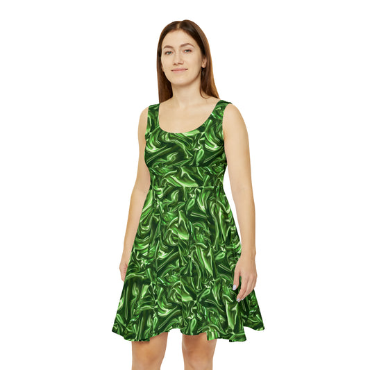 Green Sleeveless Silk Faux, Women's Skater Dress (AOP)