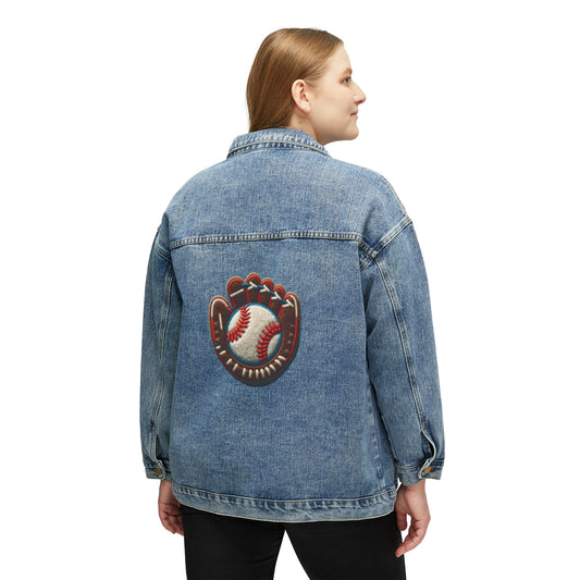 Baseball Sport Mitt and Glove, Chenille Patch Graphic, Women's Denim Jacket