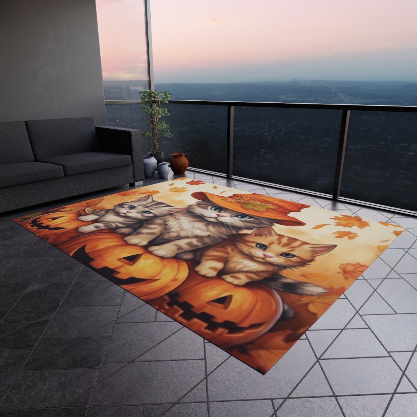 Kitty Cat Kittens Halloween - Cute Furries on Pumpkin - Festive Feline Decor - Outdoor Rug