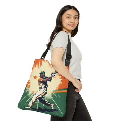 India Cricket Star: Batsman With Willow Bat, National Flag Style - Sport Game - Adjustable Tote Bag (AOP)