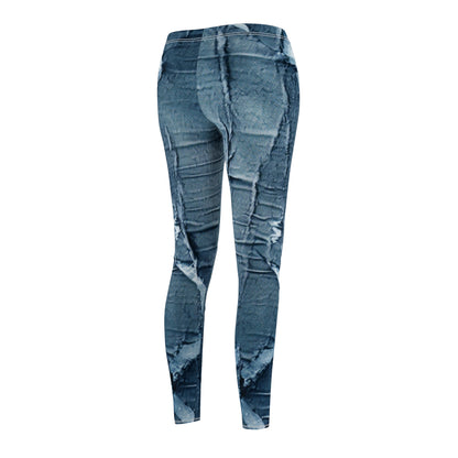 Distressed Blue Denim-Look: Edgy, Torn Fabric Design - Women's Cut & Sew Casual Leggings (AOP)