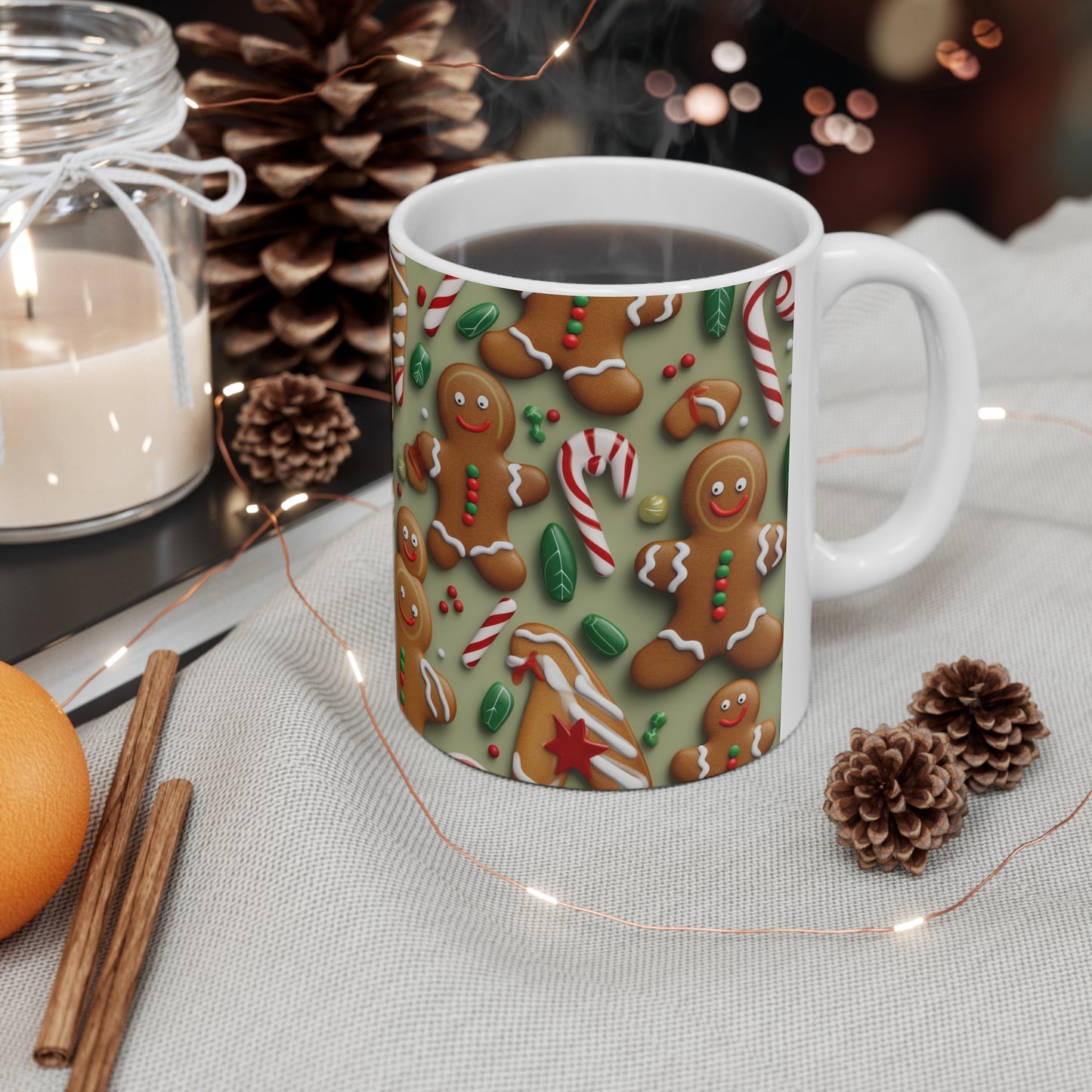 Gingerbread Man Christmas Cookie - Tree - Candy Cane - Ceramic Mug 11oz