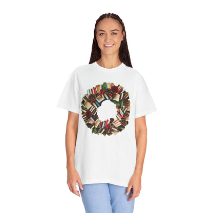 Holiday Book Wreath: Festive Literary Book Lover & Christmas Pinecone Arrangement - Unisex Garment-Dyed T-shirt