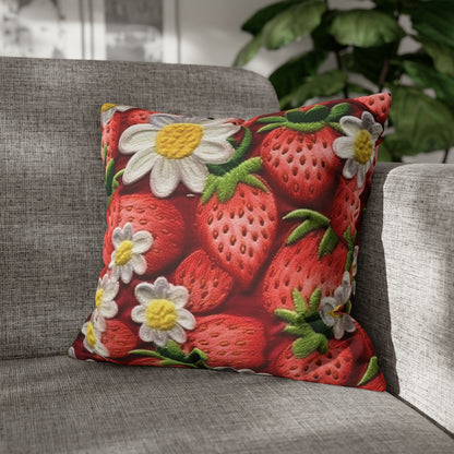 Strawberry Strawberries Embroidery Design - Fresh Pick Red Berry Sweet Fruit - Spun Polyester Square Pillow Case